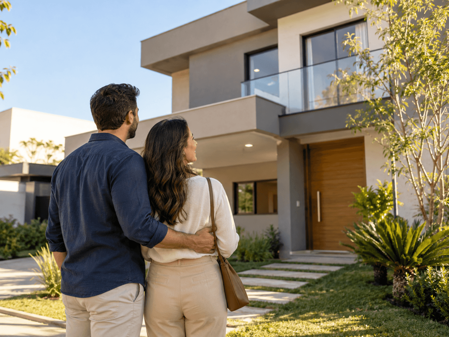 Casal diante de uma residência contemporânea